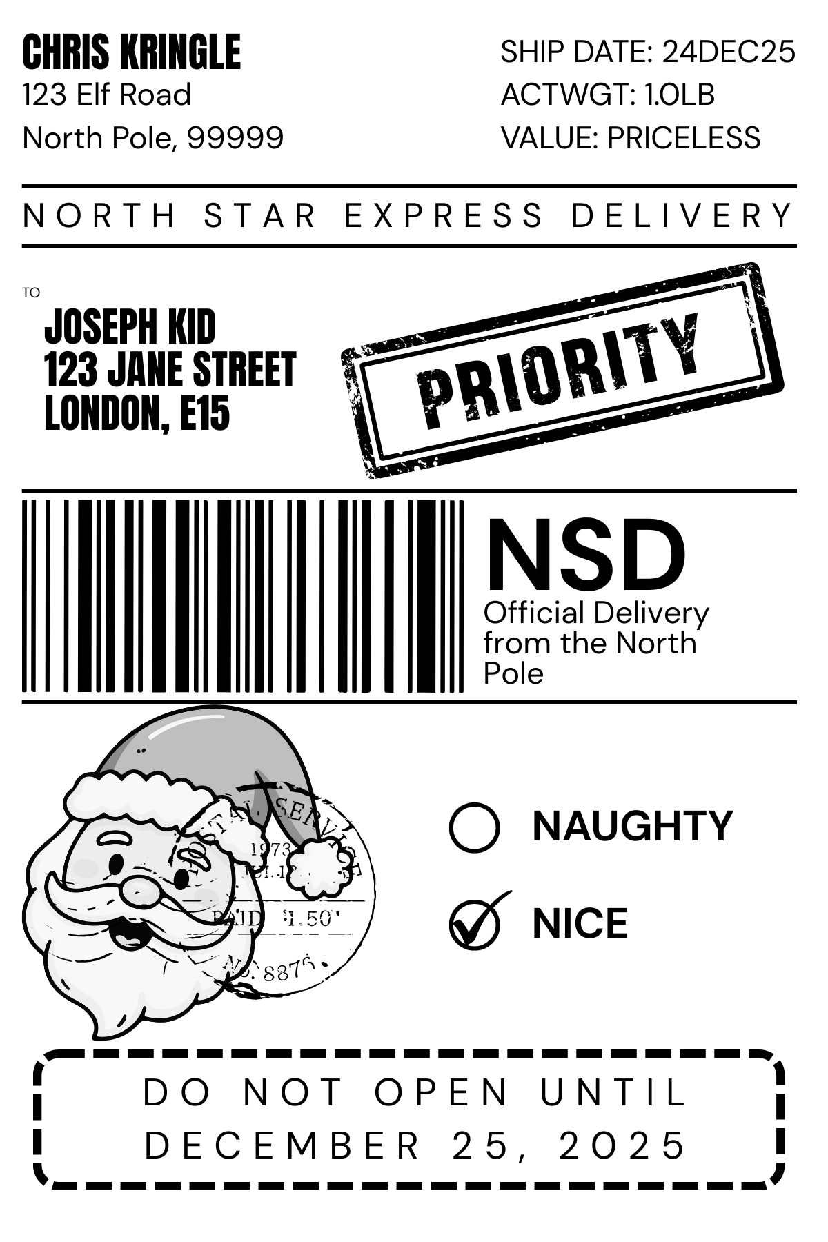 North Pole Christmas Labels- pack of 10 (Version 2)