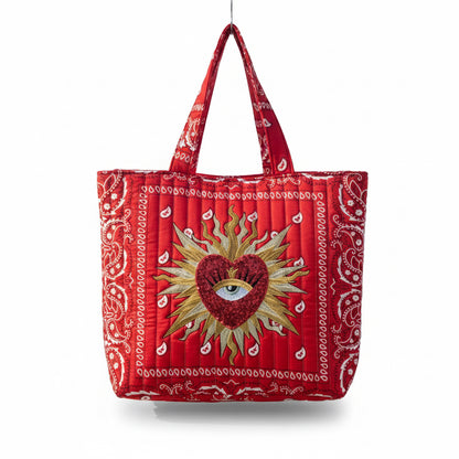 a red, pink and purple, bandana tote bag